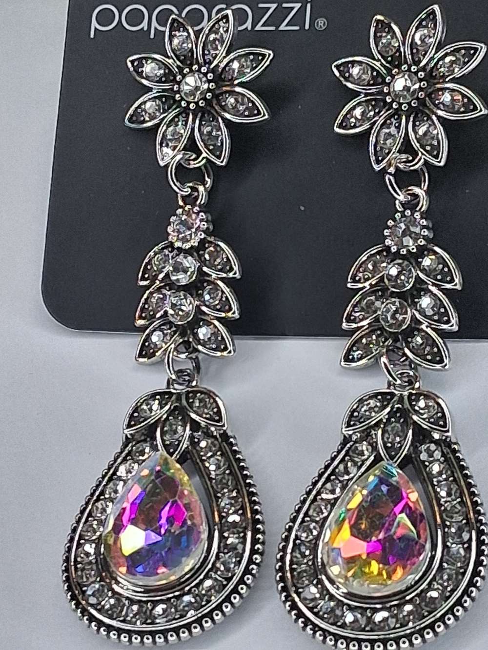 Silver Floral Earrings With Multicolor Aurora Rhinestones